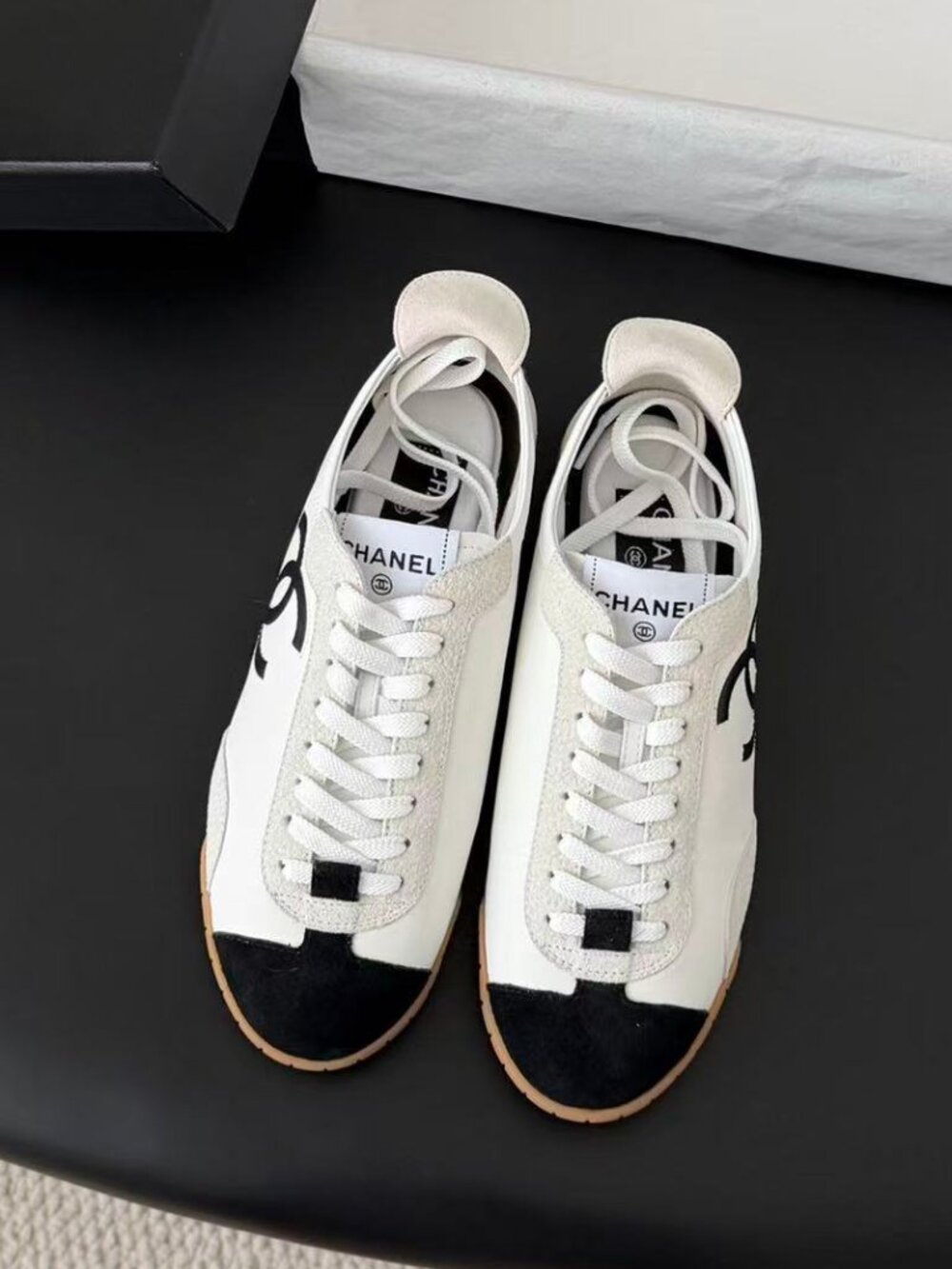 Chanel White Black Suede CC Logo Gum Sole Trainer Sneakers Size 38